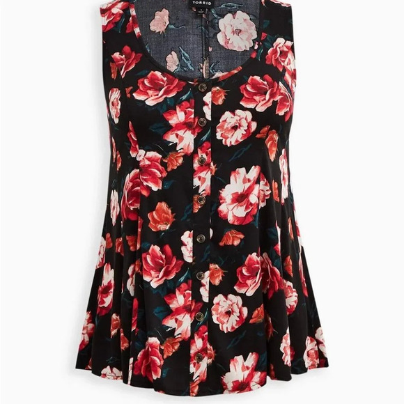 Torrid Black Floral Fit And Flare Stretch Challis Button-Front Tank in Size 4 - Picture 2 of 12